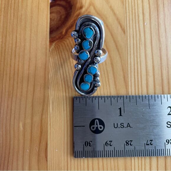 Vintage Zuni Ring Blue Gem Turquoise Sterling Silver Native Dishta Style - Picture 6 of 10